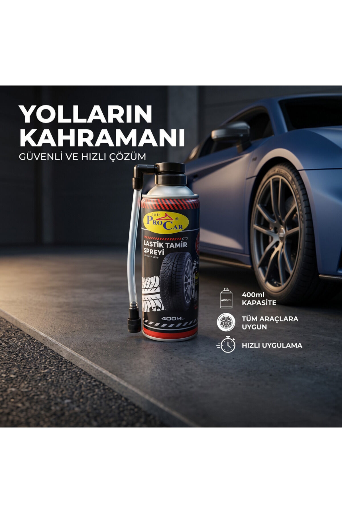 Lastik Tamir Edici ve Şişirici Sprey 400 ml - Kriko Gerektirmeyen Acil Durum Patlak Tamir Kiti