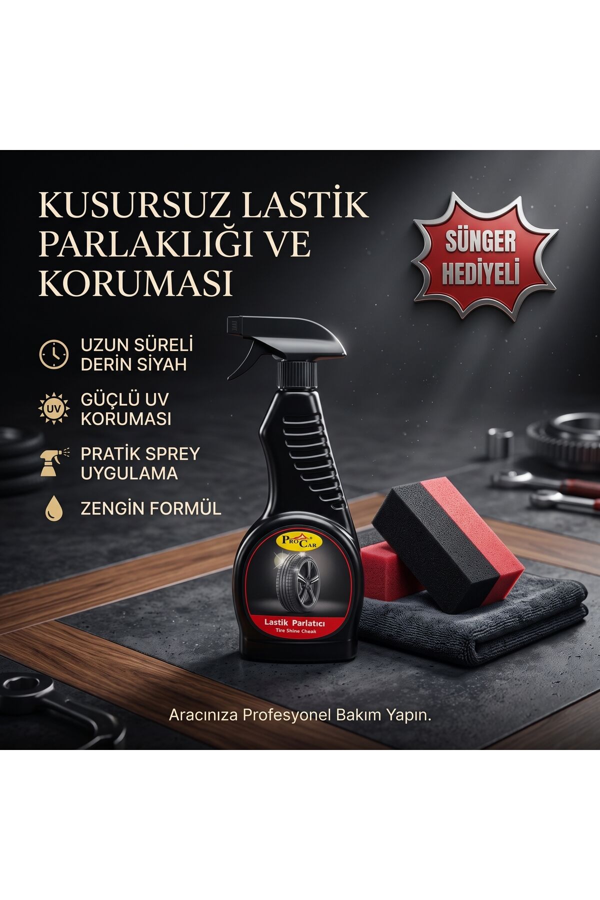 Lastik Parlatıcı Sprey 500 ml ve Uygulama Süngeri Hediyeli - Islak Görünüm, Uzun Süre Kalıcı Siyahlık