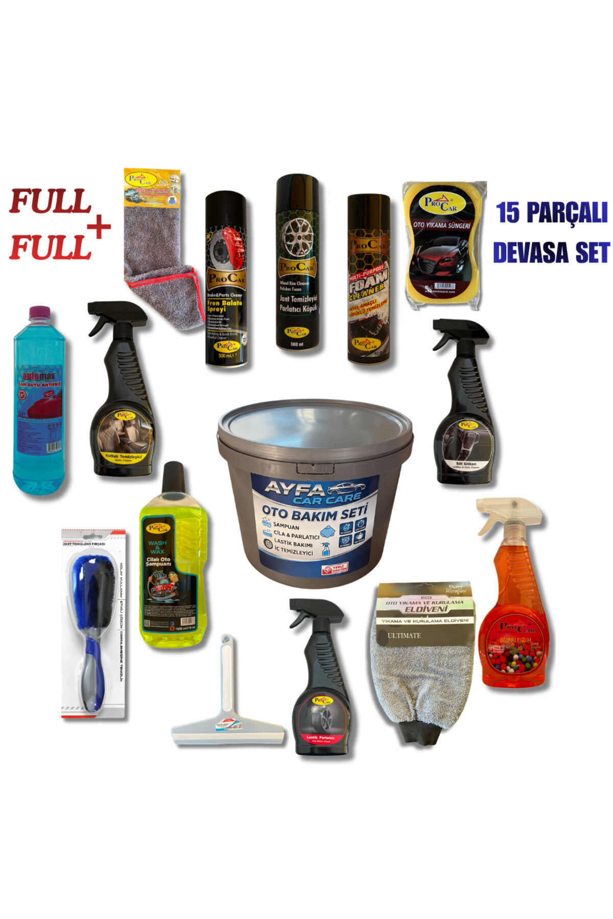 15 Parça Full+Full Premium Oto Bakım Seti - Tam Kapsamlı Kusursuz Temizlik